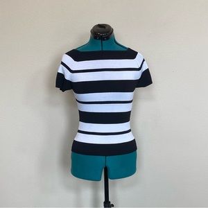 Women’s Black & White Stripes Top Square Neck Stretchy Fabric Form Fitting